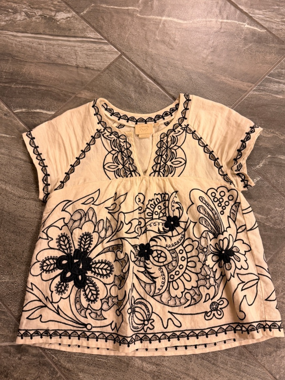 Embroidered Cream Peasant Top with Black Floral Detailing